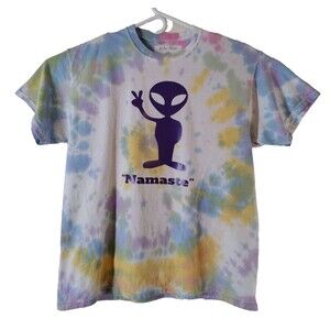 Boho Alien Men's T-Shirt  XL White/Blue Tie Dye "Namaste" Peace Sign Streetwear